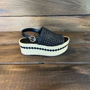 Tory Burch Dandy Woven Black Leather Platform Espadrille Sandals Women Size 8